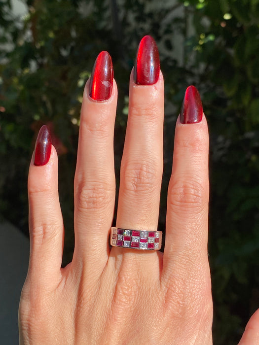 Platinum 900 ruby diamond checkerboard ring size 6.5