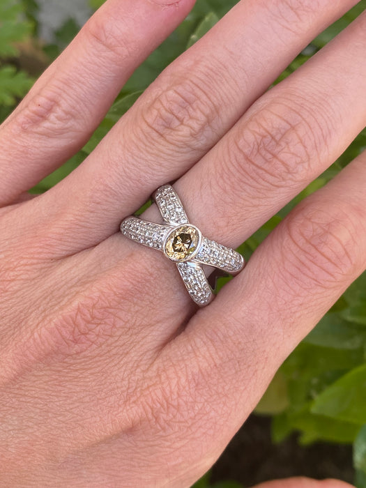Vintage Platinum 900 Brown Diamond Criss Cross Ring – 1.34 TCW Natural Diamonds – Size 8.5