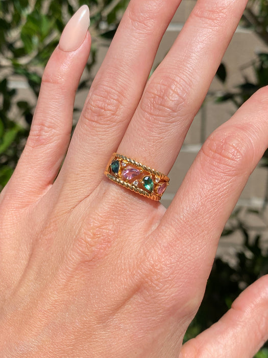 Vintage 18K Gold Pink & Green Tourmaline Diamond Ring – Size 6