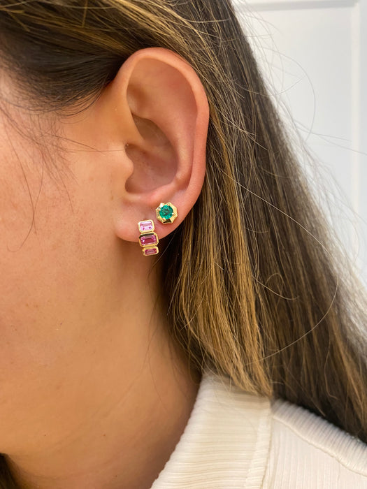 14K Bezel Set Lab Pink Sapphire Emerald Cut Huggie Earrings