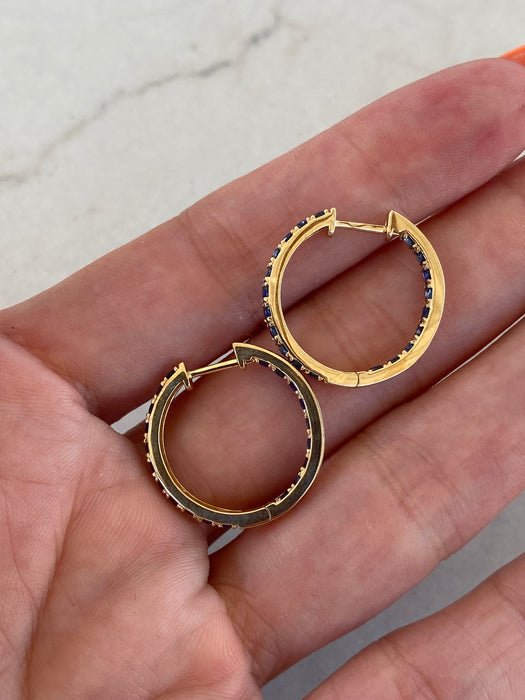 14K Gold Inside-Out Blue Sapphire Hoop Earrings