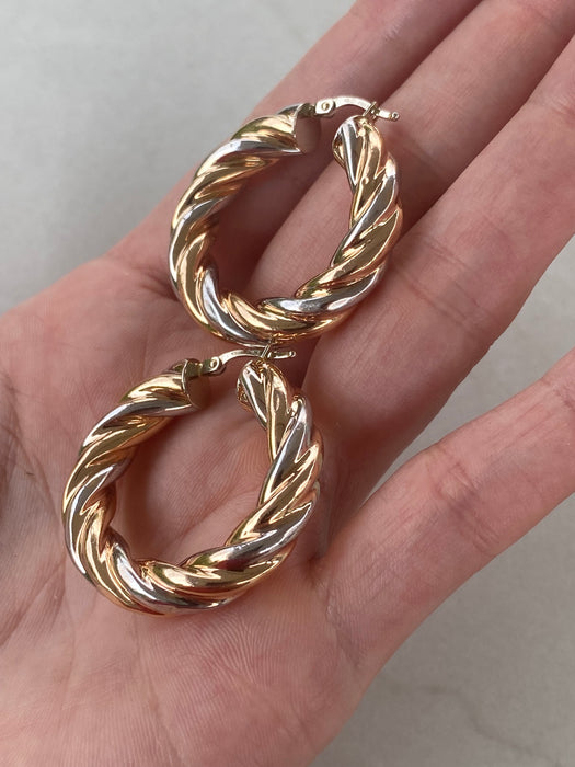 Vintage 14K Rose & White Gold Twist Hoop Earrings