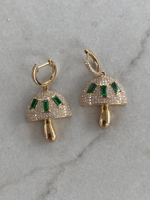 14K Gold Diamond & Tsavorite Garnet Mushroom Huggie Earrings | 1.00 CTW Diamonds