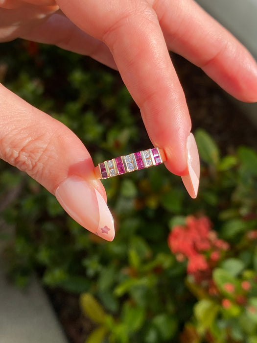 Vintage 14K Gold Ruby & Diamond Ring – Princess Cut Rubies with Round Diamonds – Size 7