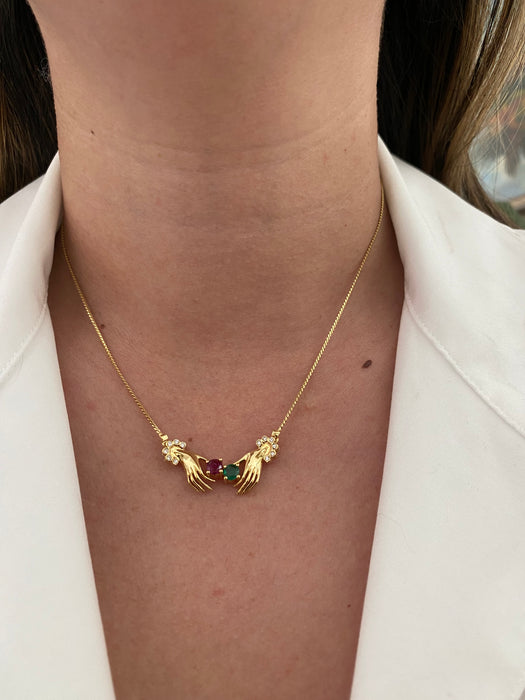 Vintage 18K Gold Hand Necklace with Ruby, Emerald & Diamond Accents – 16.25”