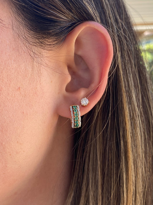 14K Gold Emerald & Diamond Huggie Hoop Earrings