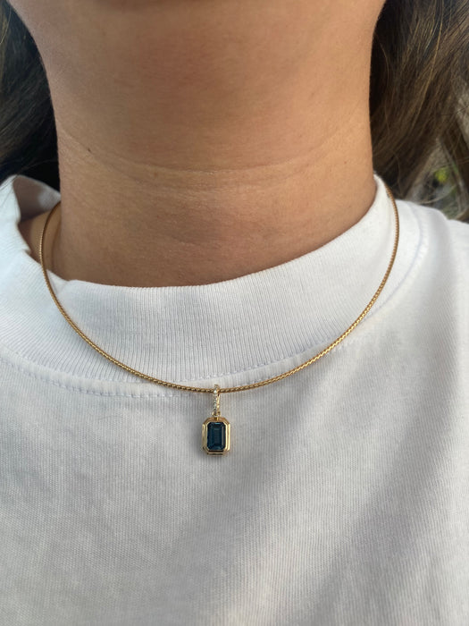 14K Gold London Blue Topaz & Diamond Emerald Cut Charm