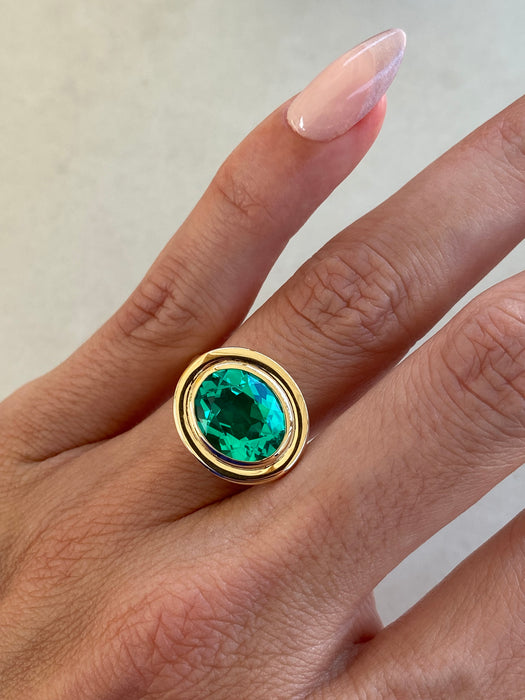 14K Double Bezel 3.4 Carat Lab-Grown Emerald Oval Ring
