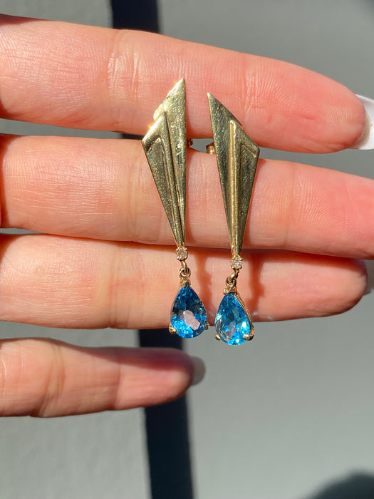 Vintage 14K Gold Blue Topaz Diamond Dangle Earrings