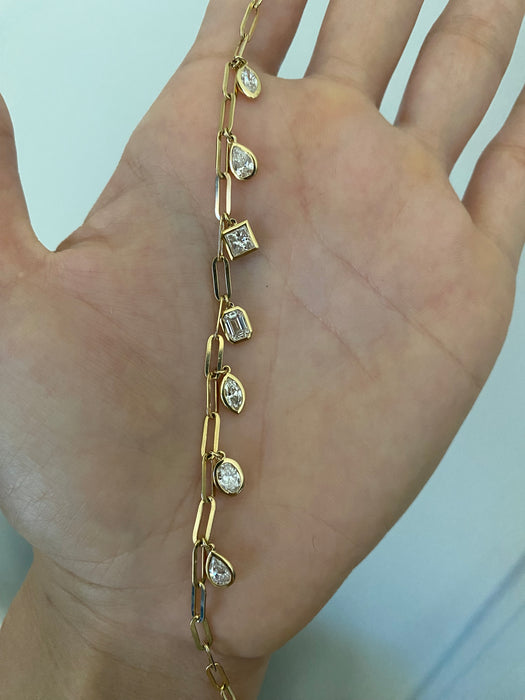 14k Gold Lab Diamond Bezel Charms Paperclip Bracelet With Dog Clip