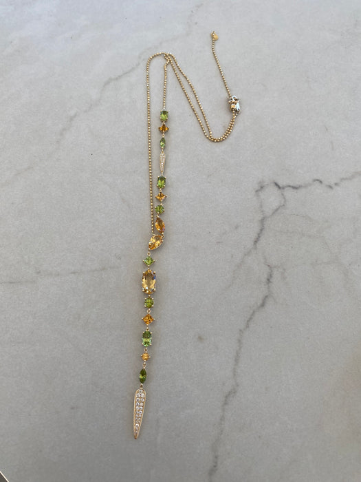 Vintage 18K Gold Peridot & Citrine Lariat Necklace with Diamond Accents