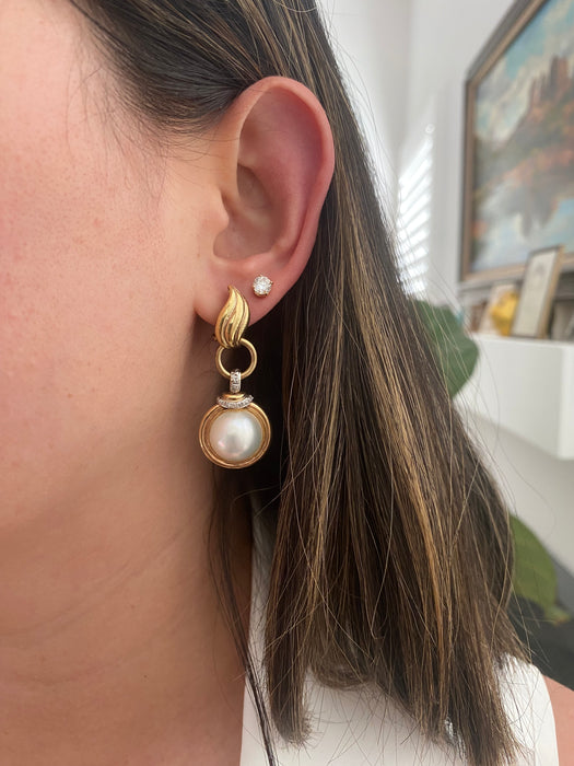 Vintage 14K Diamond & Mabe Pearl Omega Back Earrings