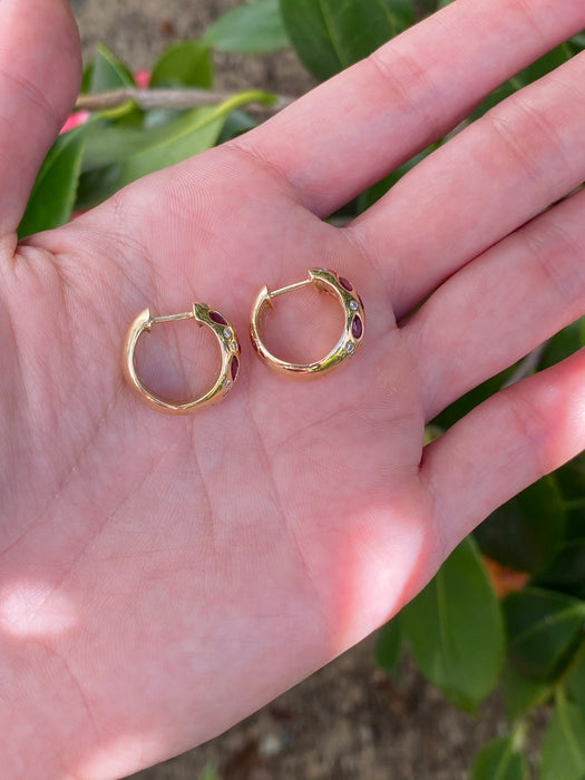 14k ruby fancy cuts and diamond hoop earrings