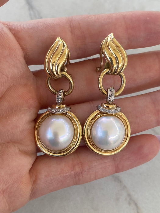 Vintage 14K Diamond & Mabe Pearl Omega Back Earrings