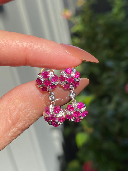 Vintage 18K White Gold Ruby & Diamond Flower Drop Earrings – 1.08 TCW Rubies