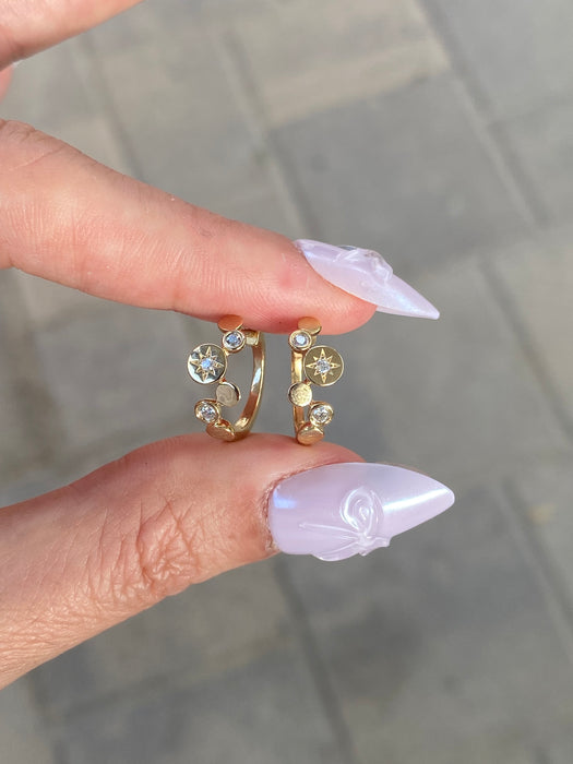 14K Gold Natural Diamond Disc & Starburst Huggie Earrings