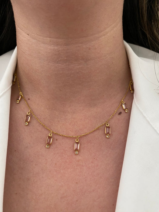 18K Gold Pink Tourmaline & Diamond Station Necklace