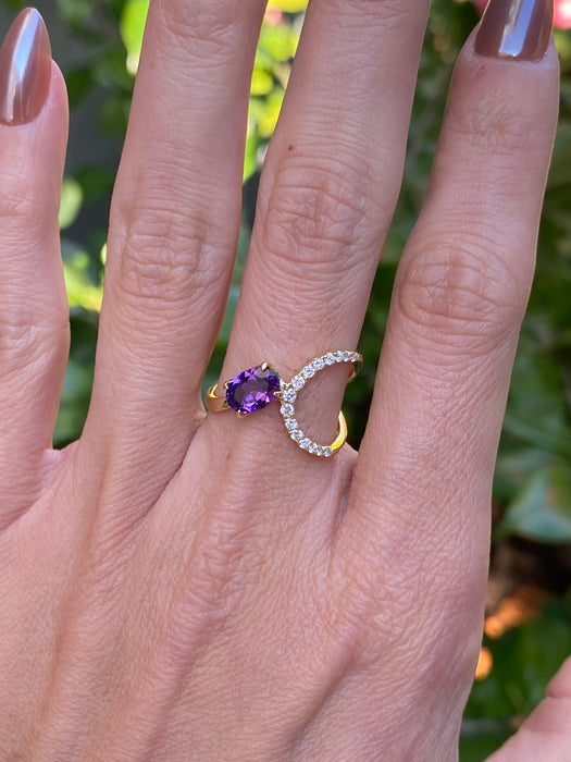 Vintage 18K Gold Amethyst & Diamond Ring – Size 6.25