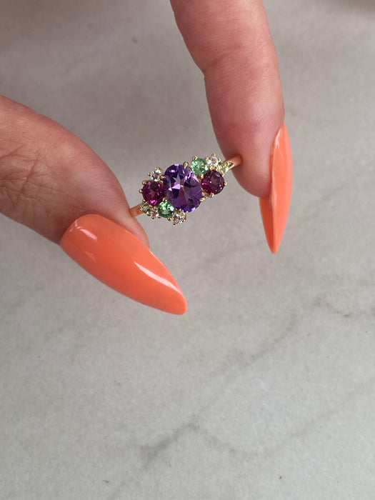 14K Gold Multi-Gemstone Cluster Ring