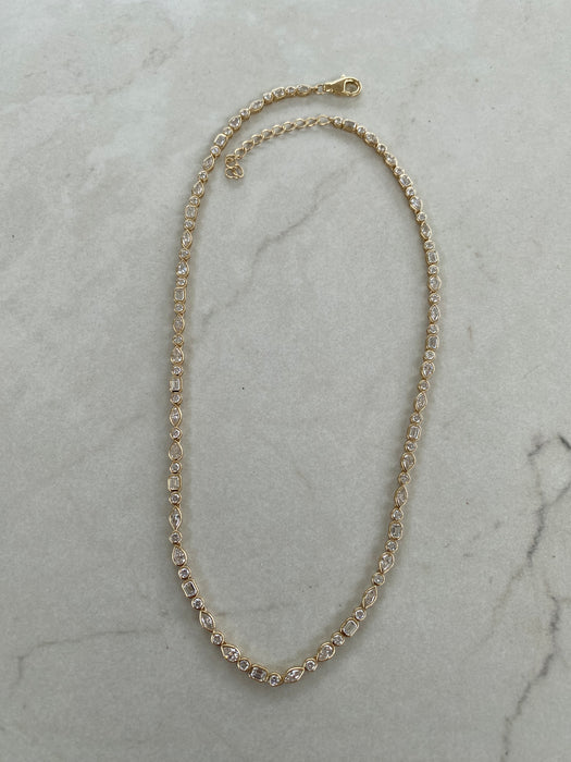 14K Gold 13 Carat Lab Diamond Mixed Cut Bezel Set Tennis Necklace | Pear, Marquise, Emerald & Round