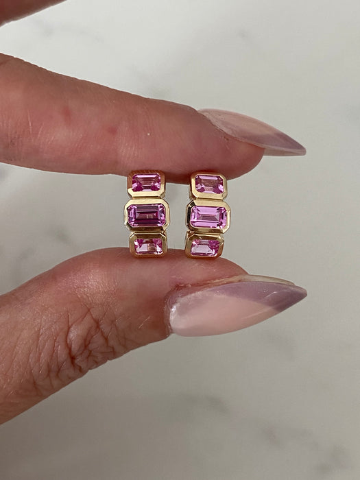 14K Bezel Set Lab Pink Sapphire Emerald Cut Huggie Earrings