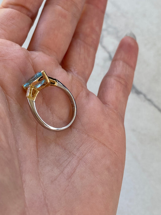 Vintage Platinum 900 & 18K Gold Aquamarine Diamond Ring