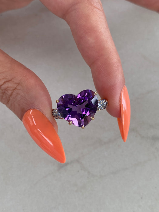 18K Gold Heart Amethyst & Ombre Sapphire Heart Ring