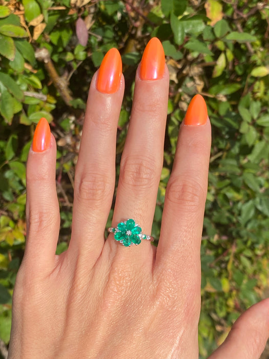 Vintage Platinum 900 Emerald & Diamond Flower Ring