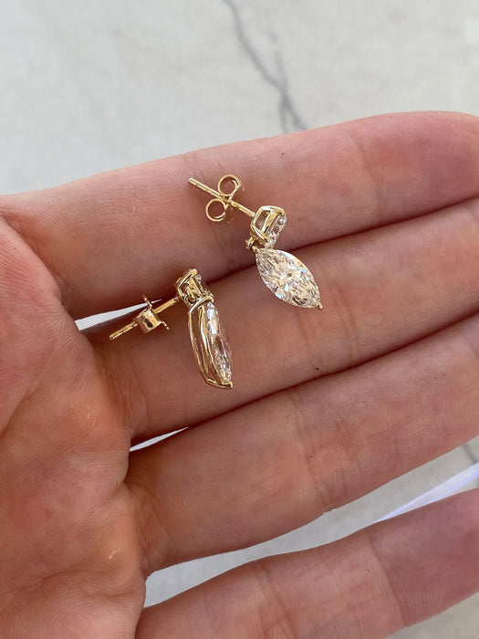 14K Gold 3 TCW Round & Marquise Lab Diamond Drop Earrings