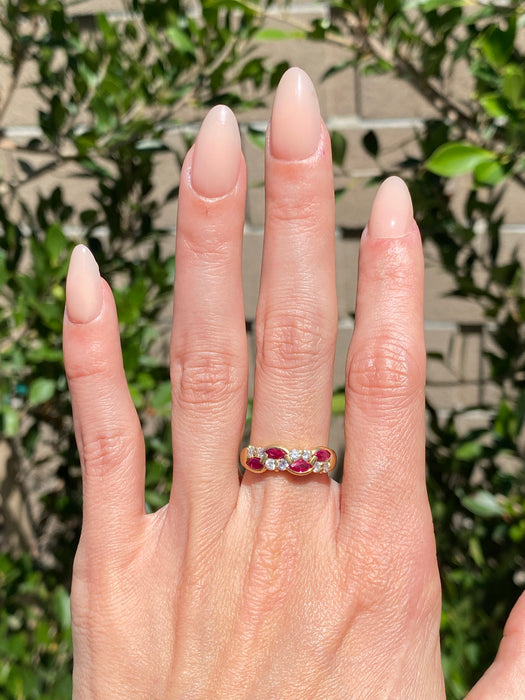 Vintage 18K Ruby and Diamond Swirl Ring – Marquise Rubies – 0.74 TCW Rubies – Size 6