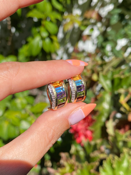 14k rainbow diamond omega earrings