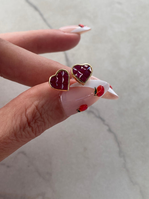14K Gold Invisible-Set Natural Ruby Heart Stud Earrings