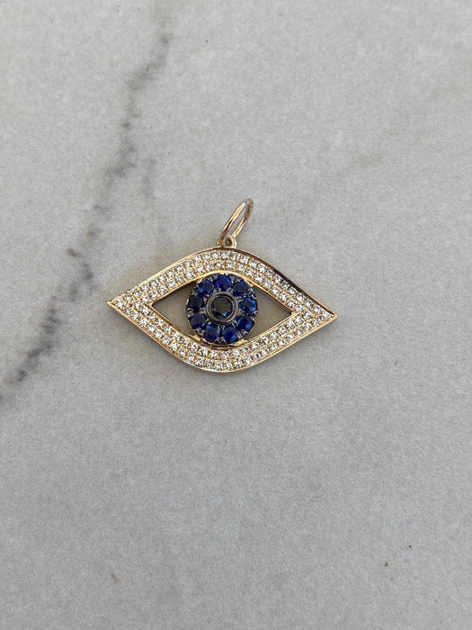 14K Gold Diamond & Sapphire Evil Eye Charm