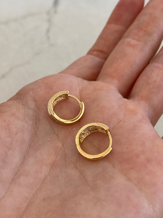 14K Gold Triple-Row Diamond Huggie Earrings – Baguette & Round Design