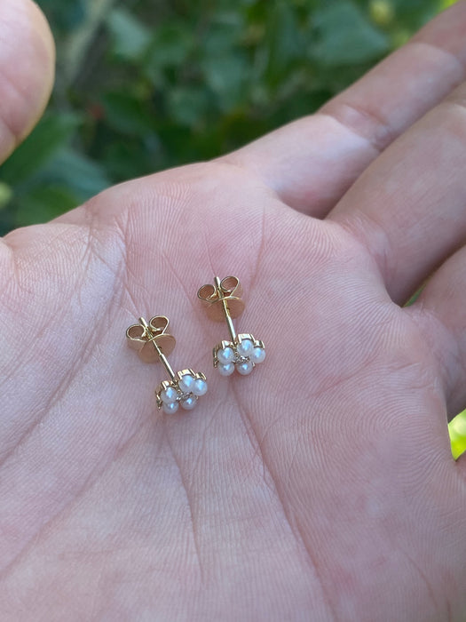 14k diamond flower pearl stud earrings