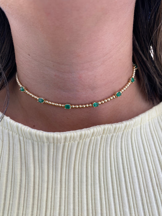 14K Gold Emerald Bead Collar Necklace – 1.40 TCW Emerald Cut Emerald Station Necklace – Adjustable 13–15”