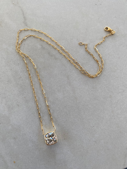 14K Gold 2.25 Lab Cushion Bezel-Set Diamond Paperclip Necklace 18”