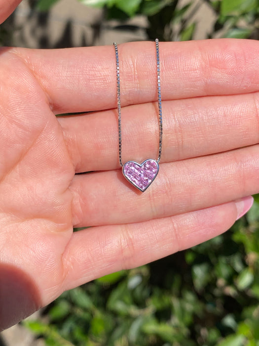 18K White Gold Pink Sapphire Heart Pendant Necklace – 1.08 TCW Princess Cut Invisible Set, Adjustable Chain