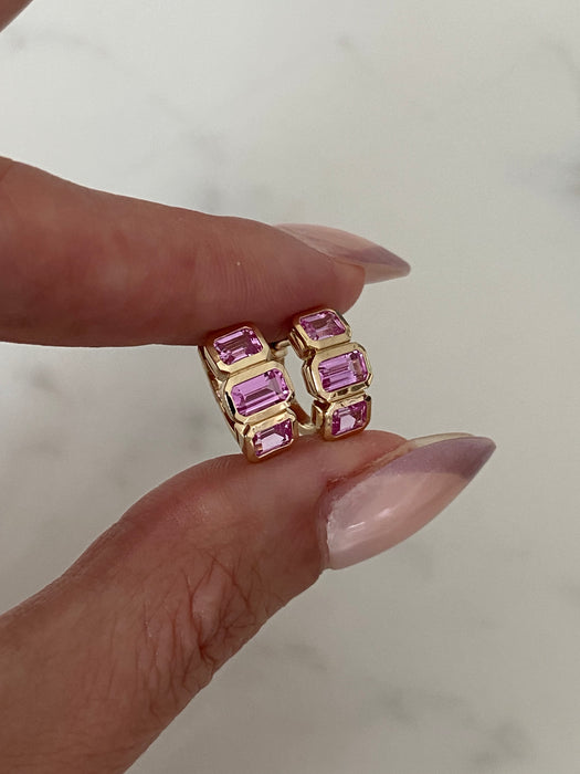 14K Bezel Set Lab Pink Sapphire Emerald Cut Huggie Earrings
