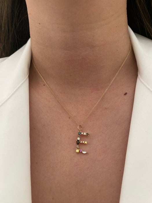 14k rainbow initial E letter pendant charm
