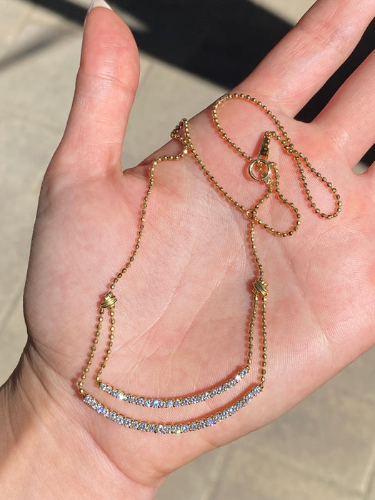 Vintage 18K Gold Bead Chain Necklace with Double Curved Diamond Bar – 1.23 TCW Diamonds, Adjustable 14–15.5”
