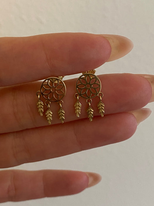 14K Gold Dreamcatcher Stud Earrings with Moving Feather Charms