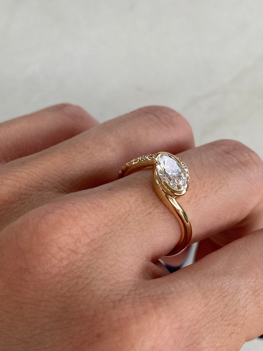 14K Wavy Tilted Oval Lab Diamond Ring