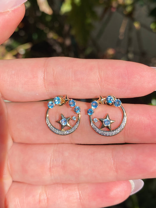 14K Gold Blue Topaz & Diamond Star Stud Earrings