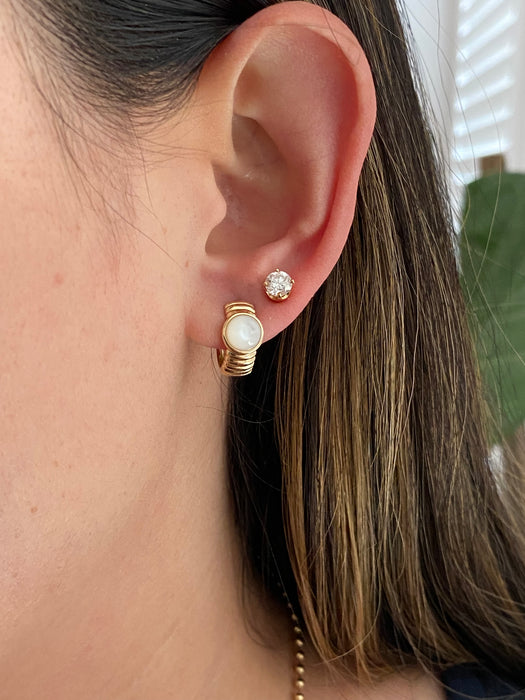 14k Gold Mother of Pearl Ribbed Huggie Earrings