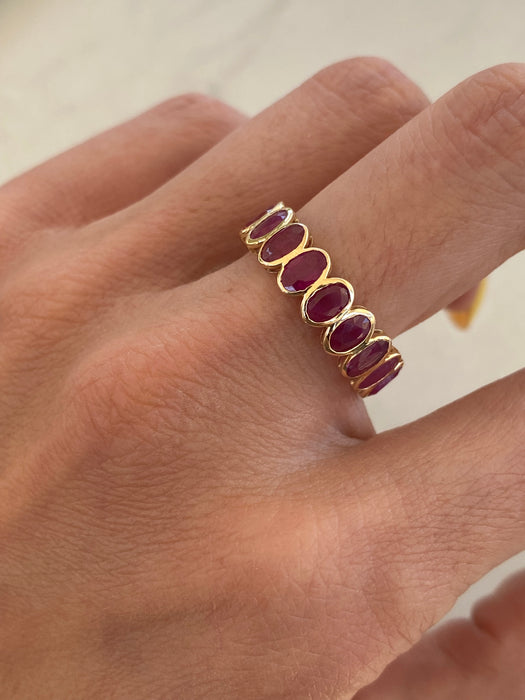 14K Gold 4.79 Carat Bezel Set Oval Ruby Eternity Ring Size 7.5