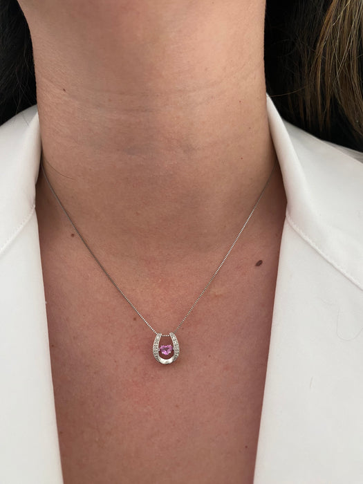 Vintage Platinum Pink Sapphire Heart & Diamond Horseshoe Dancing Necklace