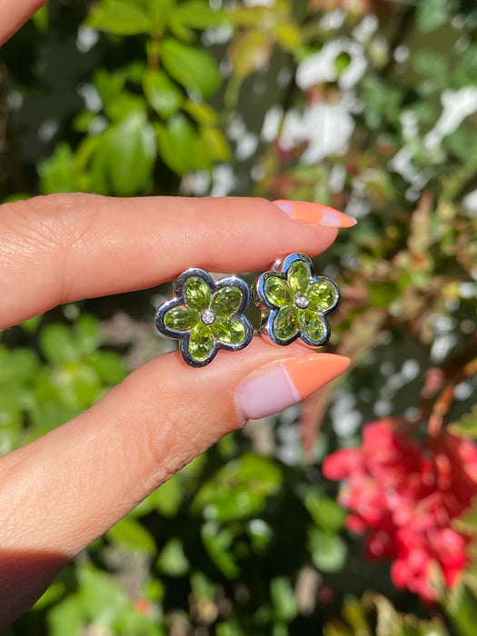 14k white gold diamond peridot flower omega back earrings