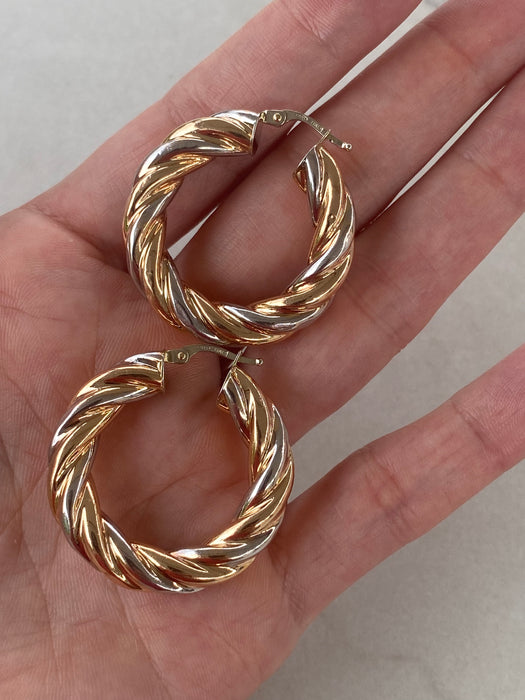 Vintage 14K Rose & White Gold Twist Hoop Earrings