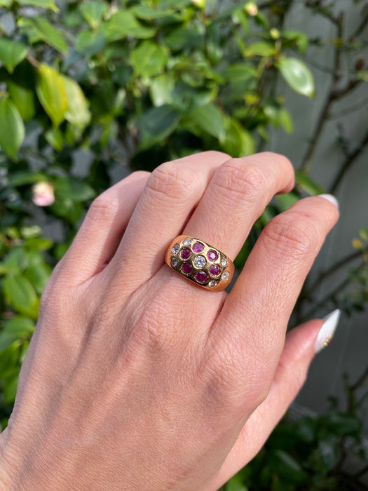 Vintage 18K Ruby and Diamond Flower Ring – Flush Set – 0.80 TCW Rubies – Size 6